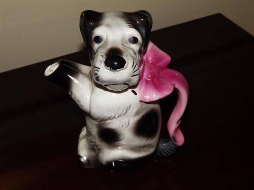 ANTIQUE  ERPHILA STYLED BLACK AND WHITE TERRIER WITH PINK BOW TEAPOT FROM 1940's ERA - PLEASE READ