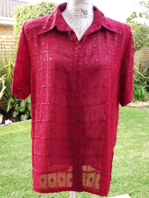 Crazy R1.00 start LADIES 'LADY QUEEN' DESIGN SHEER MAROON / RED BUTTON TOP  -SIZE MED-LARGE