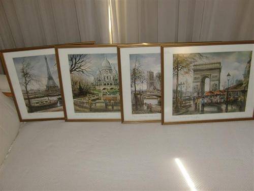 4 FRAMED BRUNET PARIS PRINTS IN NON - REFLECTIVE GLASS GOLD & BLACK FRAMES
