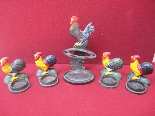 Amazing Collection of Cast Iron ROOSTER Cupholders (4) and a Toothbrush Holder (1)!