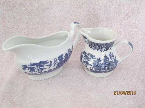 Churchills Blue and White Willow pattern Milk Jug and Gravy Boat