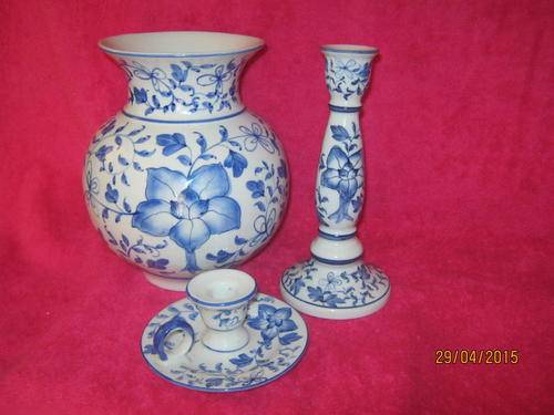 A collection of 3 matching Blue and White Items