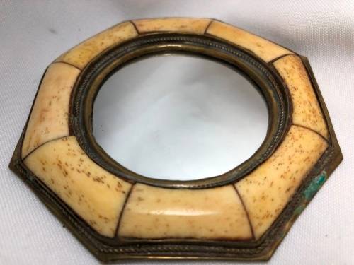 ANTIQUE BRASS & BONE HAND MIRROR 9CM