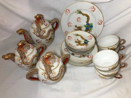 ORIENTAL DRAGON MORIAGE PORCELAIN TEA SET - 21 PIECE -6X TRIOS,JAR,2XPOTS