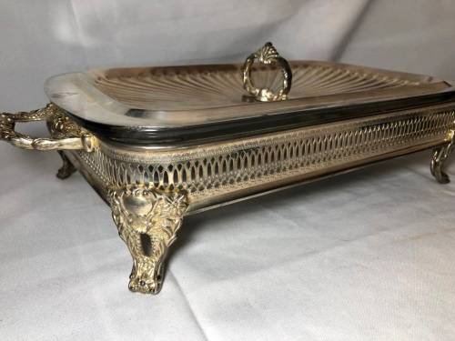 Highly detailed antique silver plated and glass entre dish with cover