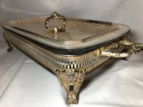 Highly detailed antique silver plated and glass entre dish with cover
