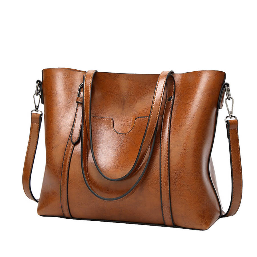 Women`s Large PU Leather Cross-Body Tote Bag - Brown