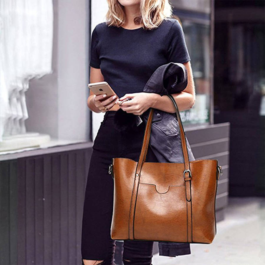 Women`s Large PU Leather Cross-Body Tote Bag - Brown