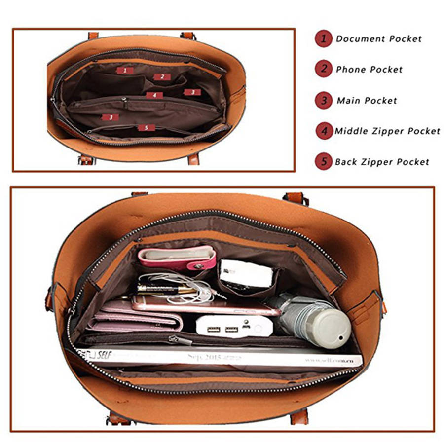 Women`s Large PU Leather Cross-Body Tote Bag - Brown