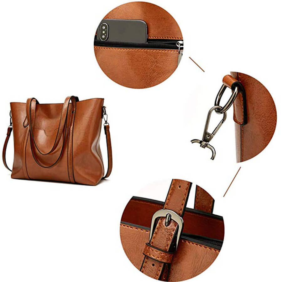 Women`s Large PU Leather Cross-Body Tote Bag - Brown