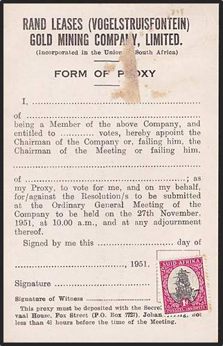 Very Rare VOGELSTRUISFONTEIN - Mining Proxy (Return) Card  - UNUSED