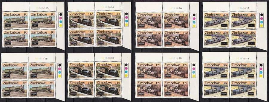 1986 Zimbabwe *** A and B *** Control  Blocks of 4 UMM (**) "TRAINS" - CV = R2,000+