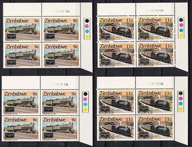 1986 Zimbabwe *** A and B *** Control  Blocks of 4 UMM (**) "TRAINS" - CV = R2,000+