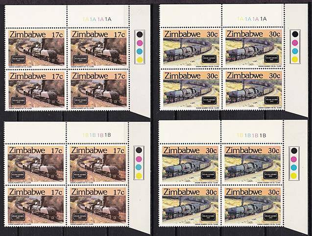 1986 Zimbabwe *** A and B *** Control  Blocks of 4 UMM (**) "TRAINS" - CV = R2,000+