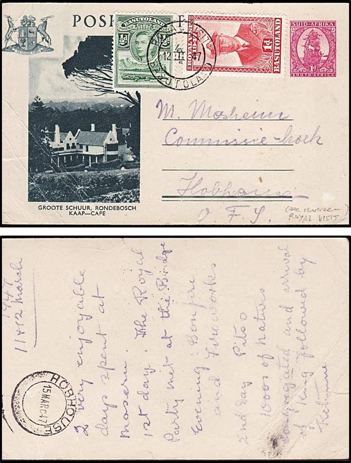 1947 Basutoland Royal Visit Cancel on Postcard to "HOBHOUSE" = SCARCE