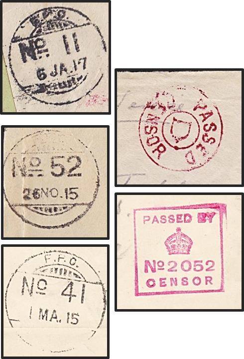 1915 & 1917 WWI Covers with F.P.O. No 11, 41 & 52 Handstamps + PASSED CENSOR Handstamps
