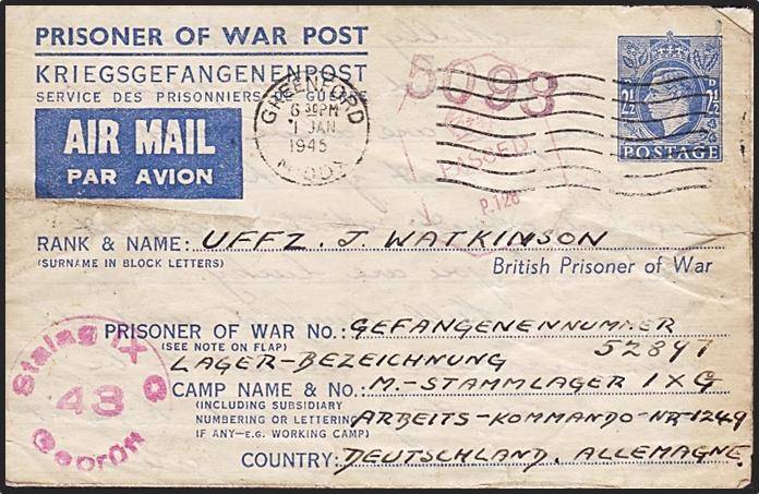 1945 WWII Censored "PRISONER OF WAR POST" Cover to Germany - GREAT HANDSTAMPS !!!