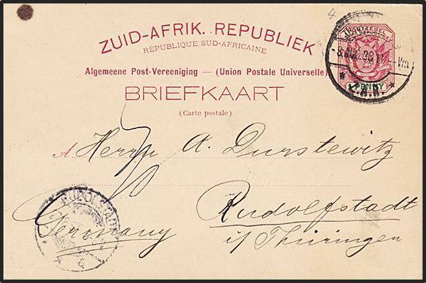 1898 Z.A.R. Postcard (Postmark) - Johannesburg to Rudolfstadt, Germany