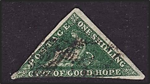 1858 1/- Dark Green Used CoGH TRIANGLE (SACC.8b) - Small Pinhole  *** CV  R17000+ ***