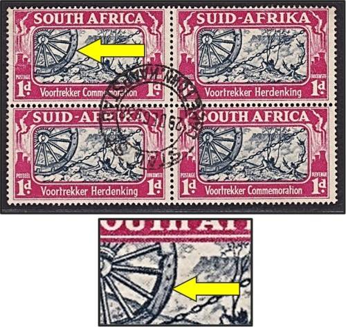 1938 1d Voortrekker CC.79a VFU Block VAR:  Extra Rivit in Wheel Rim - Scarce as Used