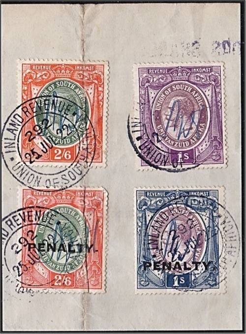 1922 Union KGV Revenues on Piece Including SCARCE `PENALTY` Overprints