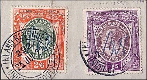 1922 Union KGV Revenues on Piece Including SCARCE `PENALTY` Overprints