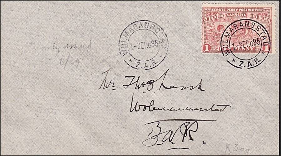 1 Sep 1895 Z.A.R. SACC.222 on Cover - Cancelled Wolmaranstad 5 DAYS BEFORE ISSUE DATE