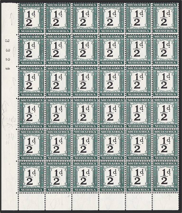 1932/42 Union ½d PD CC.22 UMM(**) Sheet Number Block of 36 - Minor Var  *** CV  R2,520+ ***