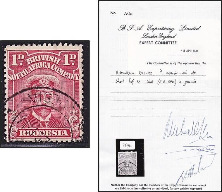 1913/22 BSAC 1d Carmine Red SG.204 Perf.15, No Wmk, Used with Certificate