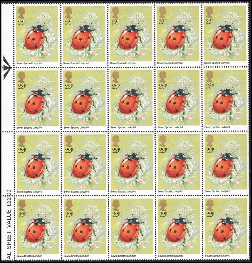 1985 Great Britain Insects Full UMM(**) Set in Arrow Blocks of 20  @ CV  R1,700+