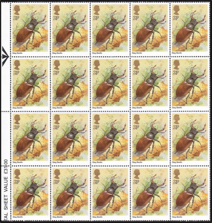 1985 Great Britain Insects Full UMM(**) Set in Arrow Blocks of 20  @ CV  R1,700+