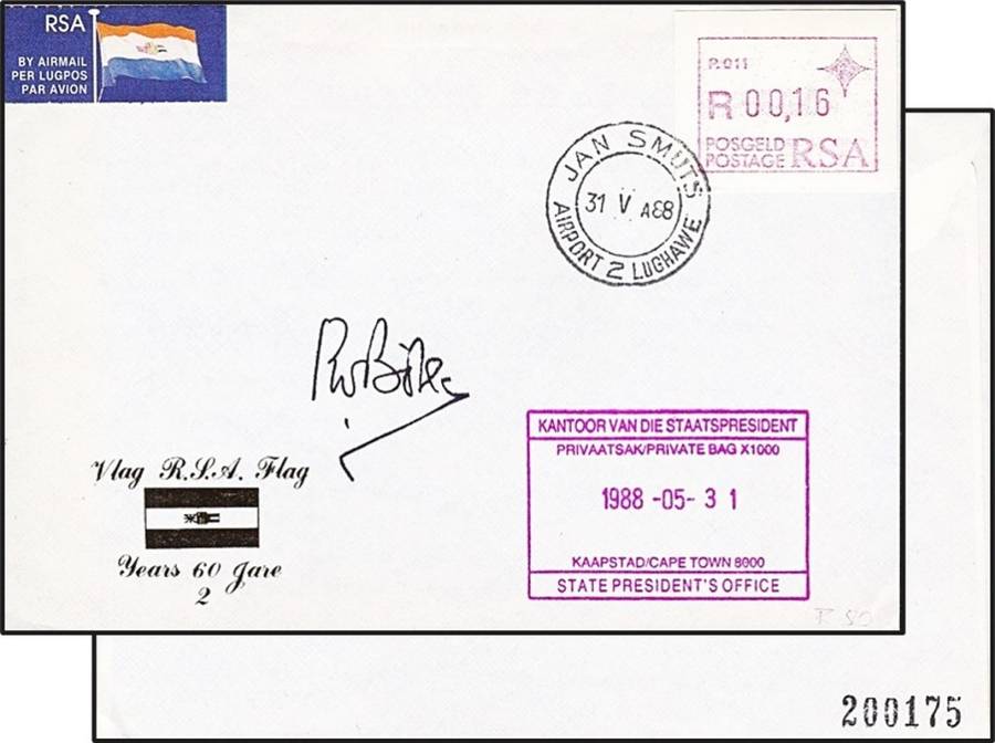 1988 RSA 60 Years of the RSA Flag Gold Embossed Cover Signed by Pres. PW Botha