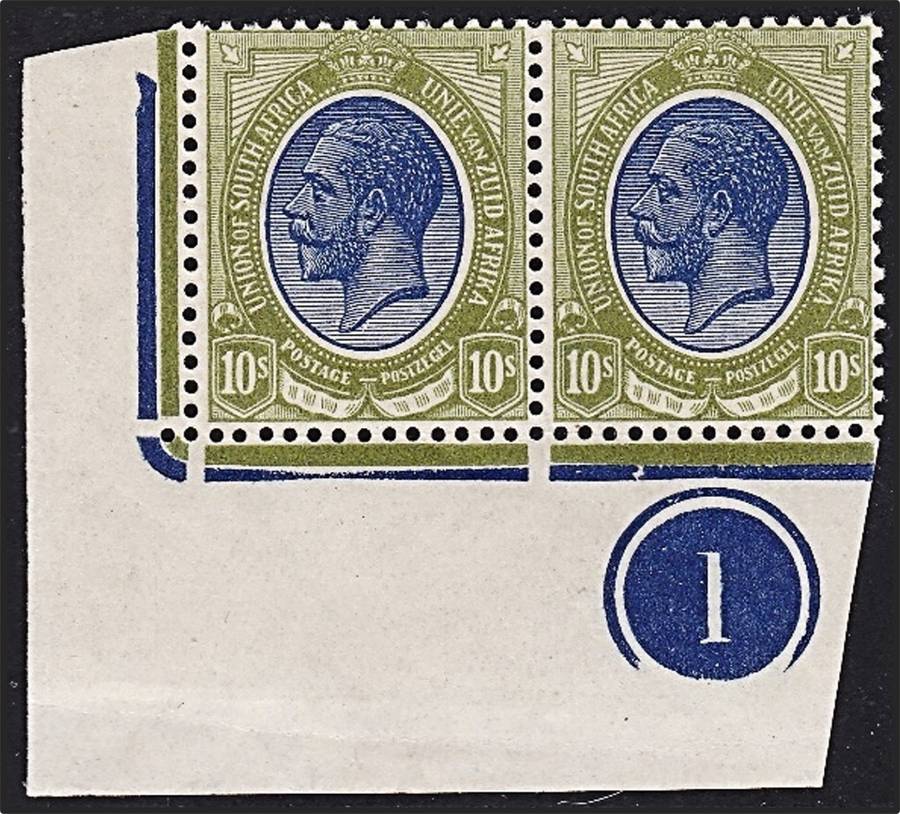 1913 Union 10/- KH CC.15a Pl.1 UMM(**) Pair -  Broken Jubilee Line @ CV  R180,000