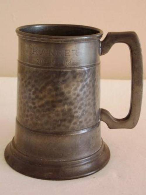 ENGLISH PEWTER GLASS BOTTOM MUG WITH INSCRIPTION RANGER 20.5.68