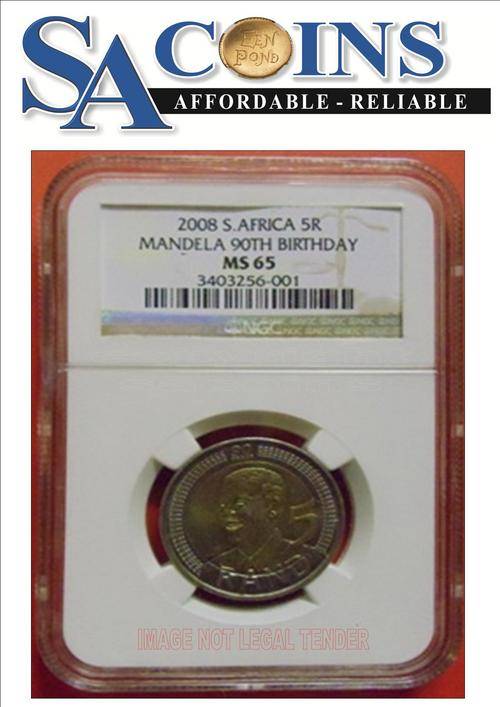 **CRAZY R1* MS65* --2008 MANDELA 90TH BIRTHDAY R5 COIN MS65 - HIGH GRADE- CERTIFICATE INCLUDED!