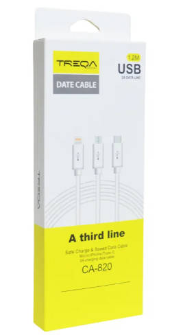 Treqa CA-820 Data & Charging Cable 3 in 1 Lightning Pin, V8 And Type C 2A -3-in-1 USB charging cable