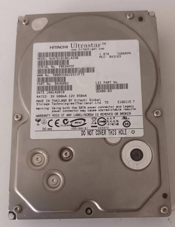 Hitachi Ultrastar HUA721010KLA330 1TB SATA 7200RPM 3.5` Internal Hard Drive.
