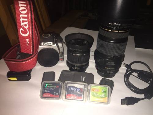 Canon EOS 400D/Rebel XTi with 2 lenses, lens hoods, remote and 3xCF cards