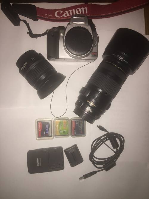 Canon EOS 400D/Rebel XTi with 2 lenses, lens hoods, remote and 3xCF cards