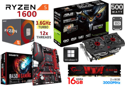 Gaming PC - Ryzen 5 1600, Gigabyte B450M Gaming, 16GB G.Skill 3000 MHz, GTX 960, 500W PSU, 128GB SSD