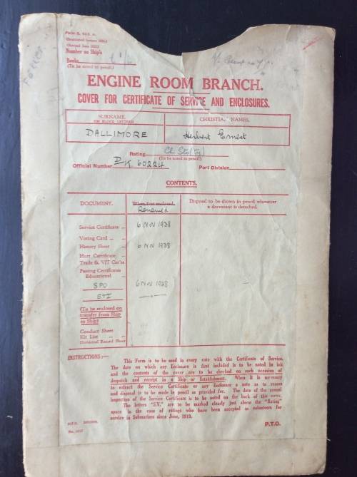 Royal Navy documents WW 1 & WW 11 to Stoker/Petty Officer Herbert Ernest Dallimore