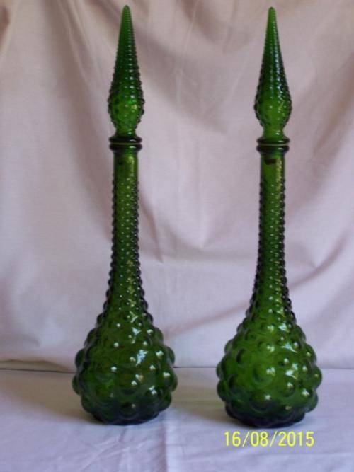 Pair of Beautiful Green Bubble Bottles/Decanters