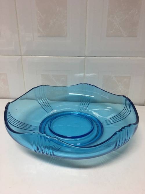 ART DECO LARGE BLUE CRYSTAL CENTRE PIECE BOWL  -  PRICE REDUCED!!!