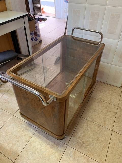 ART DECO BURR WALNUT GLASS CHROME DRINKS TROLLEY CABINET - RARE TO FIND!!!