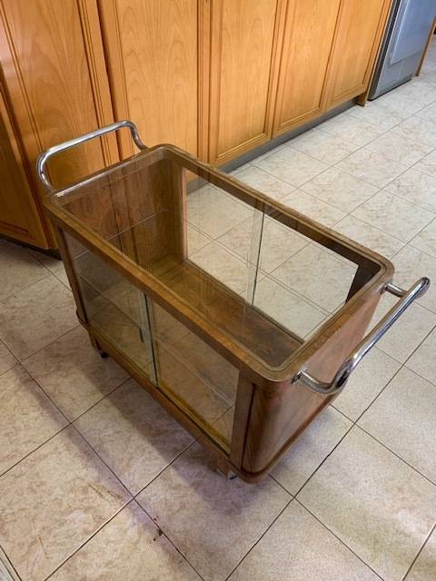 ART DECO BURR WALNUT GLASS CHROME DRINKS TROLLEY CABINET - RARE TO FIND!!!