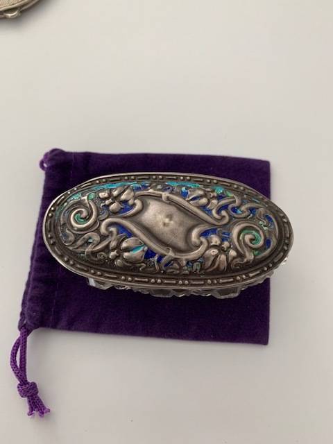 HALLMARK SILVER BIRMINGHAM CIRCA 1910 ENAMEL OVAL LID AND HOBNAIL TRINKET DISH