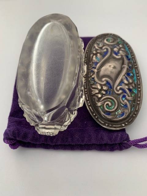 HALLMARK SILVER BIRMINGHAM CIRCA 1910 ENAMEL OVAL LID AND HOBNAIL TRINKET DISH