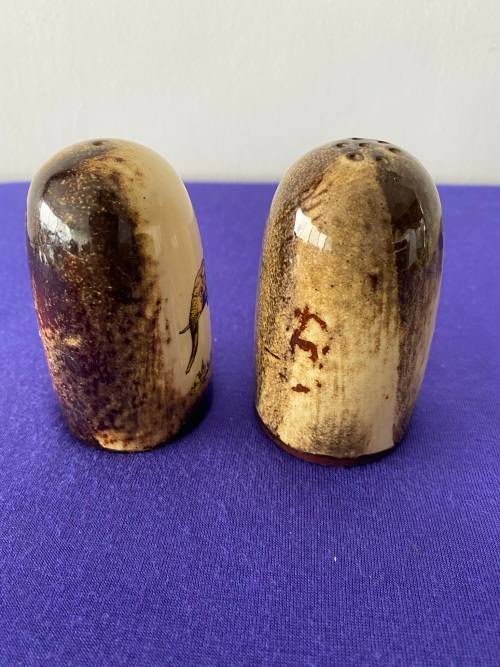 CRESCENT WARE STAMPED KRUGER PARK GLAZED SET OF SALT AND PEPPER CELLARS