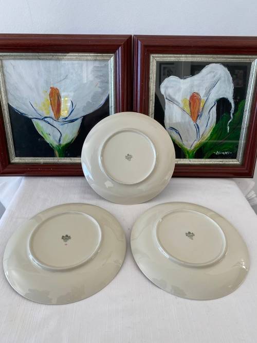 ROSENTHAL GERMANY PORCELAIN SIGNED EXOTIC FRUIT DECORATIVE GOLD RIMMED PLATES X 3