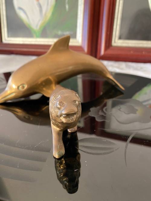 VINTAGE SOLID BRASS LARGE DOLPHIN and LION